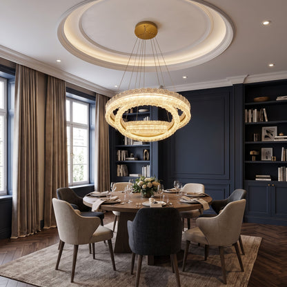 Modern 3-Tier LED Ring Chandelier | Gold Ceiling Base & White Plastic Rings