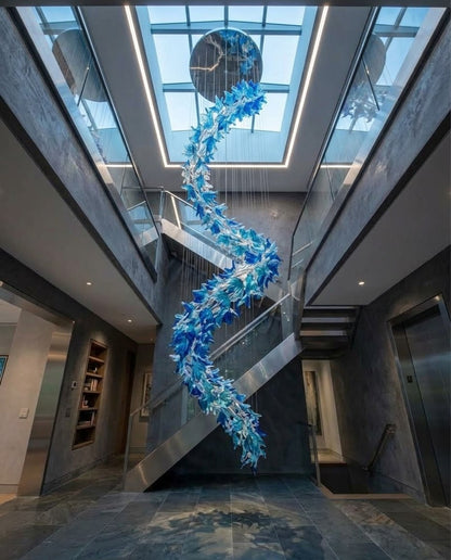 Contemporary 5M Blue & Clear Glass Snake Chandelier | Custom High-Ceiling Staircase Lighting