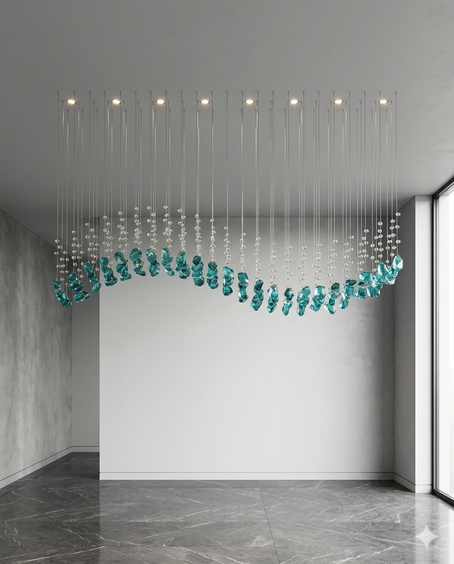"Aqua-Wave" Custom LED Suspension Chandelier – Linear Teal Nugget and Crystal Strand Design (1.2m L x 30cm W)