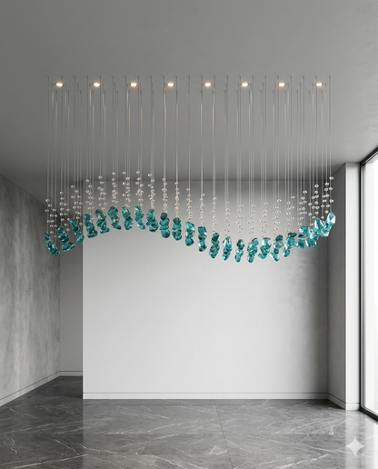 "Aqua-Wave" Custom LED Suspension Chandelier – Linear Teal Nugget and Crystal Strand Design (1.2m L x 30cm W)
