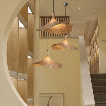 Straw Hat Bamboo Woven Pendant Light – Handmade Rattan Ceiling Lamp