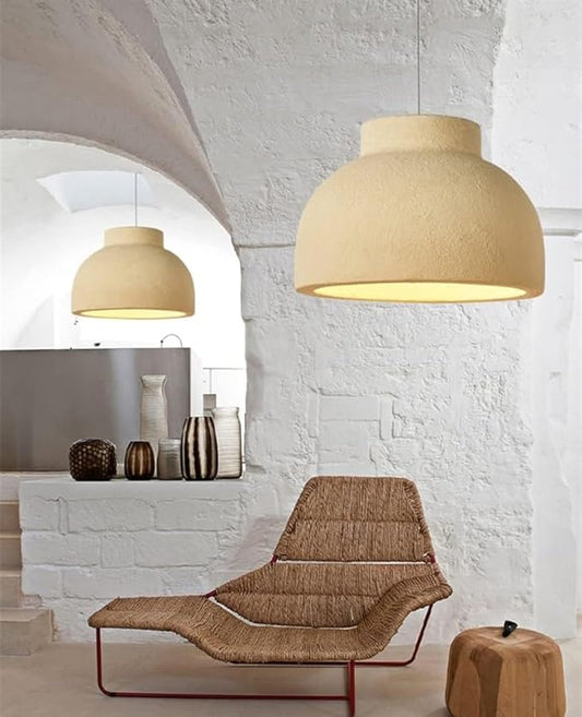 Wabi Sabi Yellow Bowl Shade Pendant Light – Japanese Concrete Look Dome Lamp for Modern Interiors 40 C.M