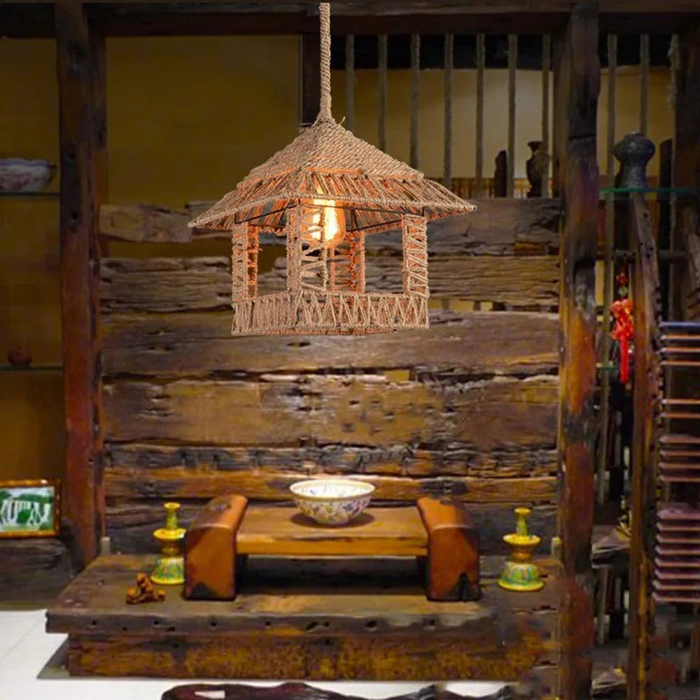 Hemp Rope Cage Pendant Light – Vintage Industrial Charm for Any Space