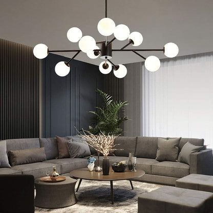 12-Light Modern Mid-Century Glass Globe Chandelier – Adjustable Height & Dimmable Ceiling Fixture