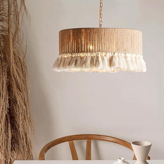 Vintage Hemp Rope Industrial Pendant Light – Handwoven Bamboo Bohemian Ceiling Lamp for Kitchen, Dining & Bedroom 60 C.M