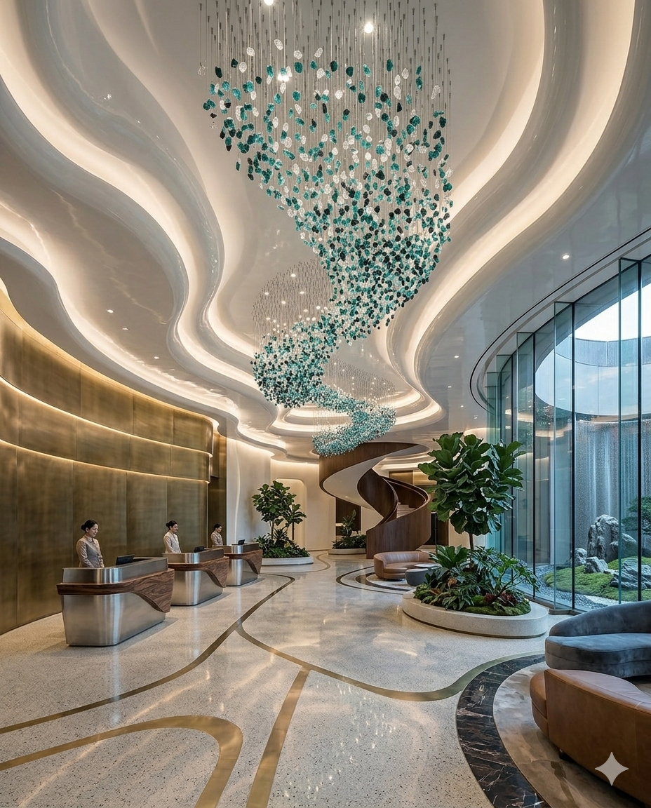 10m Custom S-Shape Stone Wave Chandelier | Teal & White Luxury Lighting