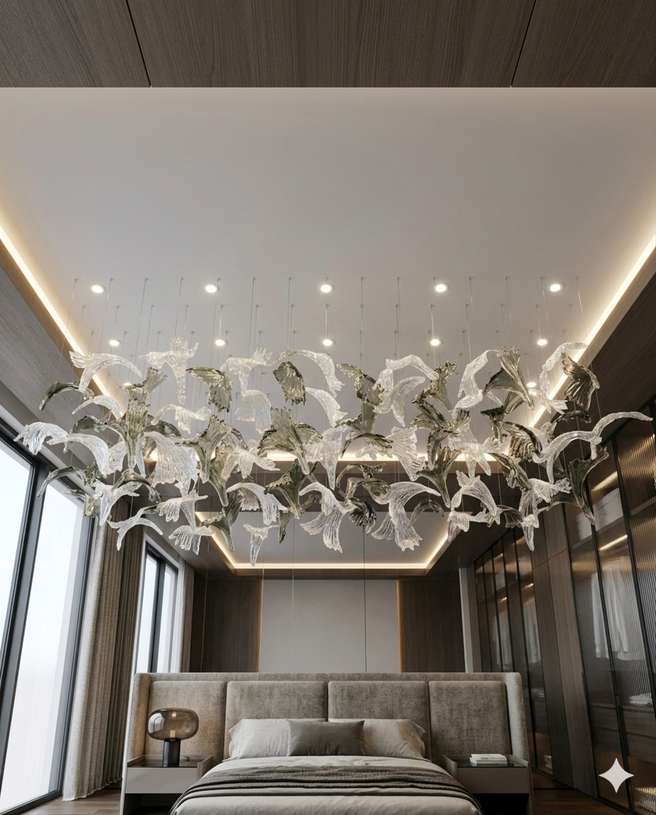 Custom Floating Glass Leaf & Bird Chandelier – 100cm x 40cm