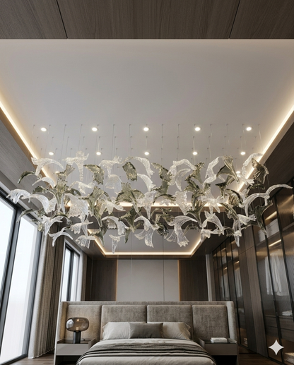 Custom Floating Glass Leaf & Bird Chandelier – 100cm x 40cm