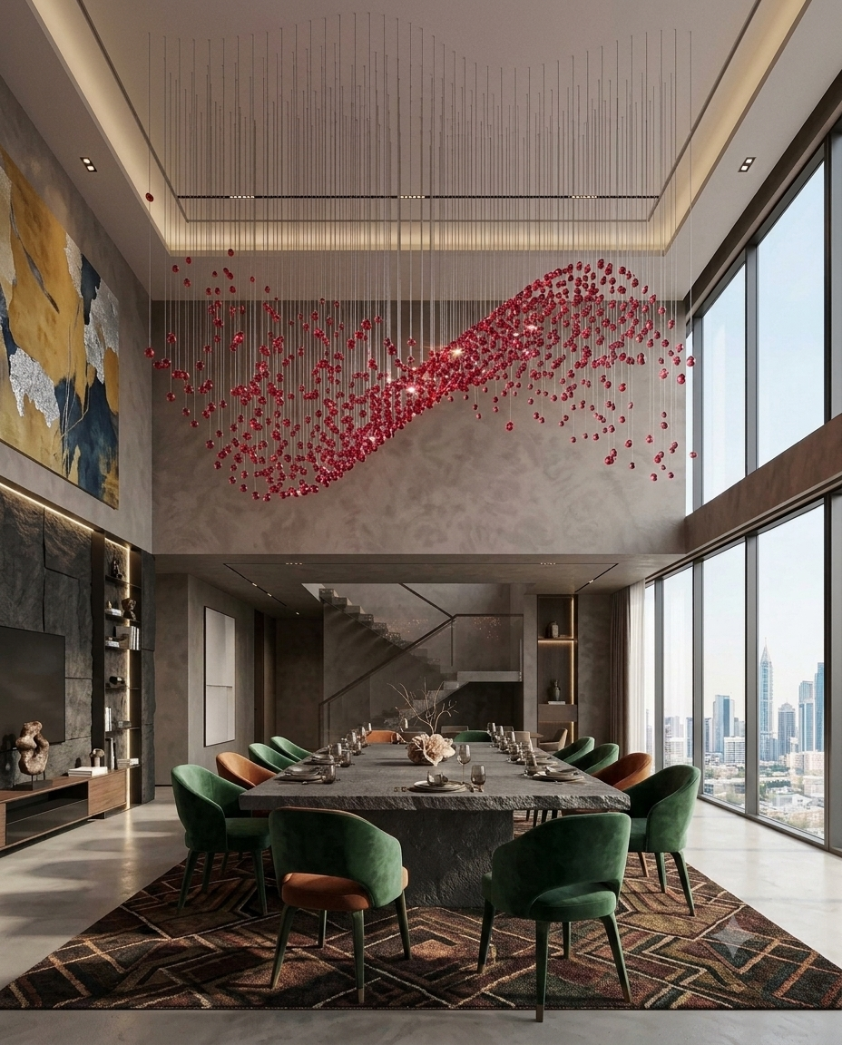 Custom Red Crystal Stone Wave Chandelier (2M x 80cm) | Ocean Wave Design Lighting