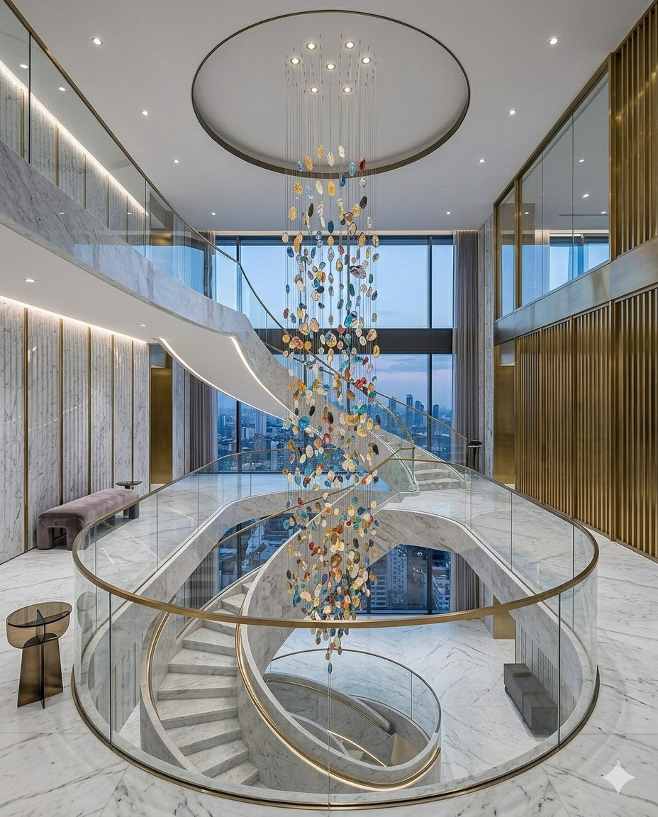 3M Luxury Multicolored Glass Stone Spiral Chandelier – 80cm Canopy for Grand Staircases & High Ceilings