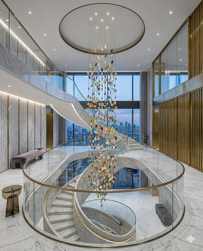3M Luxury Multicolored Glass Stone Spiral Chandelier – 80cm Canopy for Grand Staircases & High Ceilings