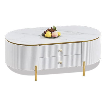 Modern Marble Top Coffee Table with Storage Drawer – Luxury Oval Living Room Center Table