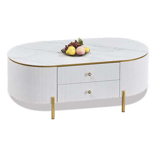 Modern Marble Top Coffee Table with Storage Drawer – Luxury Oval Living Room Center Table