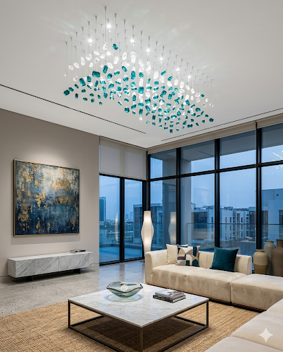 Modern Teal Blue & White Crystal Chandelier – Custom Luxury Ceiling Light for Bedroom & Living Room