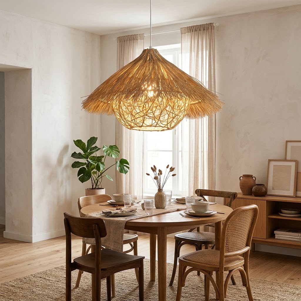 40cm Handcrafted Rattan Straw Pendant Light – Boho Straw Fringe Dome Ceiling Light Fixture