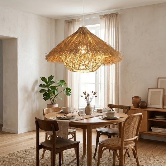 40cm Handcrafted Rattan Straw Pendant Light – Boho Straw Fringe Dome Ceiling Light Fixture