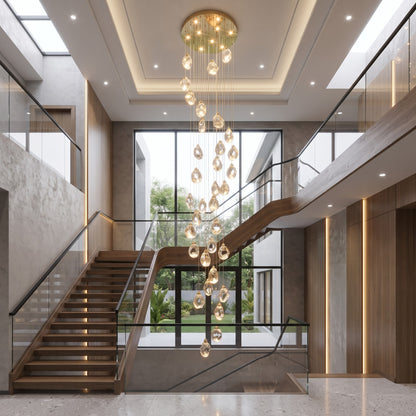 Modern Diamond Cut Crystal Chandelier for High Ceiling Staircase – 36-Light Spiral Pendant, 5M Adjustable Drop, 80cm Gold Frame