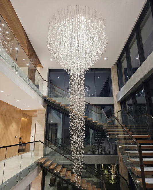Cascading Funnel Crystal & Stone Chandelier – 5M Custom Statement Pendant for Staircases & Double-Height Voids