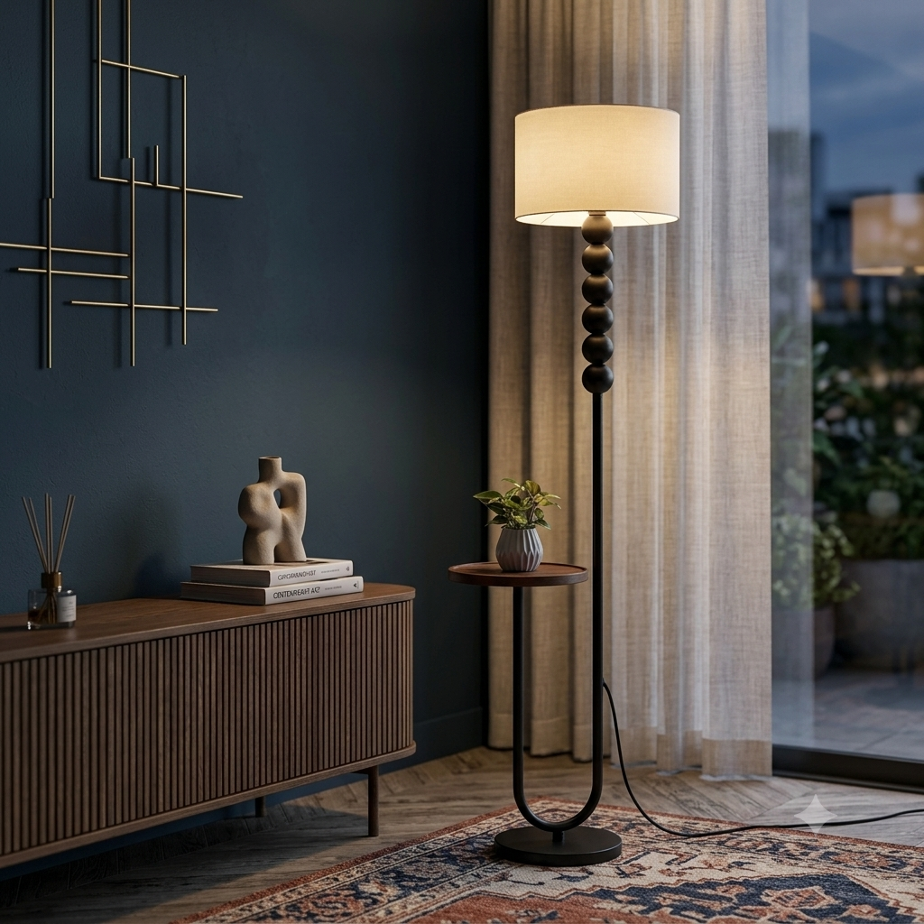 Modern Wood & Steel Floor Lamp with Built-in Accent Table and Silk Shade | 2-in-1 Minimalist Standing Light & Plant Stand