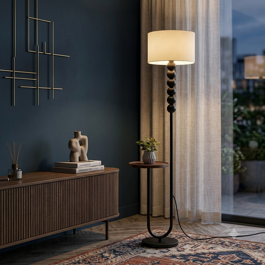 Modern Wood & Steel Floor Lamp with Built-in Accent Table and Silk Shade | 2-in-1 Minimalist Standing Light & Plant Stand