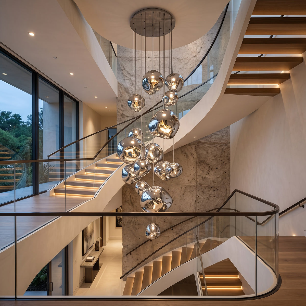 Melt-Style Silver Chrome Cascade Chandelier: Modern Multi-Light Pendant for Grand Staircases 3M Long