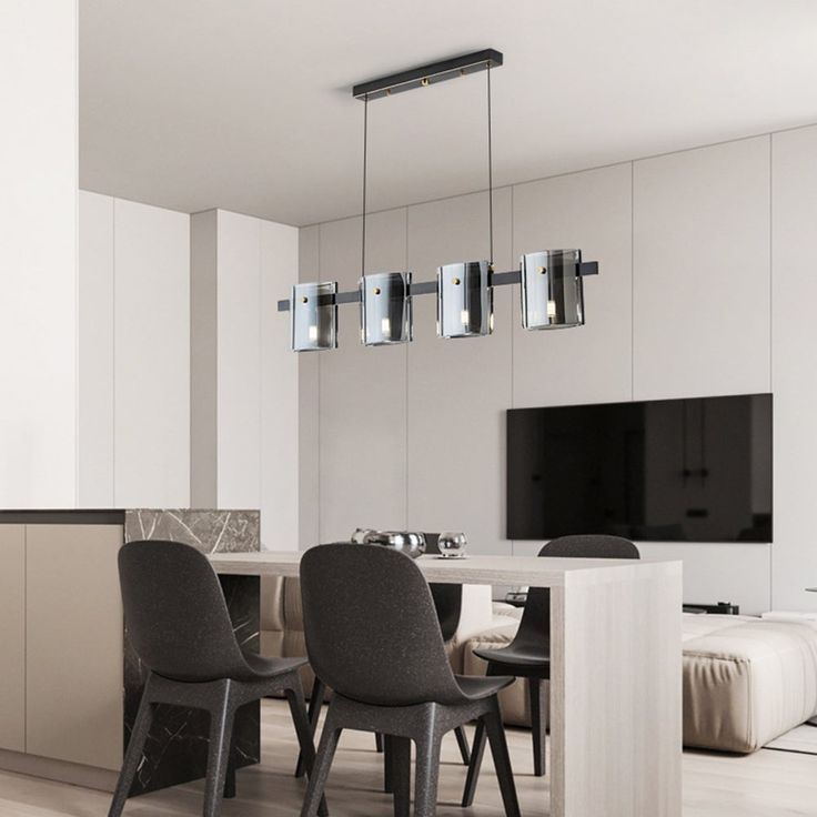 Modern 5-Light Linear Pendant Light – Black Metal Smoked Glass Kitchen Island Dining Lamp