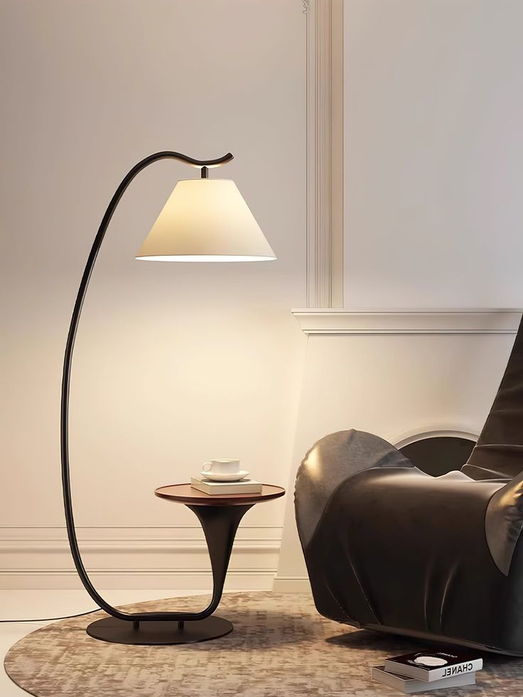 Modern Floor Lamp with Built-In Side Table -Space-Saving Bedside & Reading Lamp (Black)