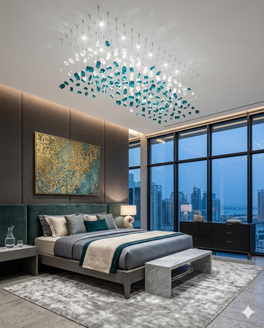 Modern Teal Blue & White Crystal Chandelier – Custom Luxury Ceiling Light for Bedroom & Living Room