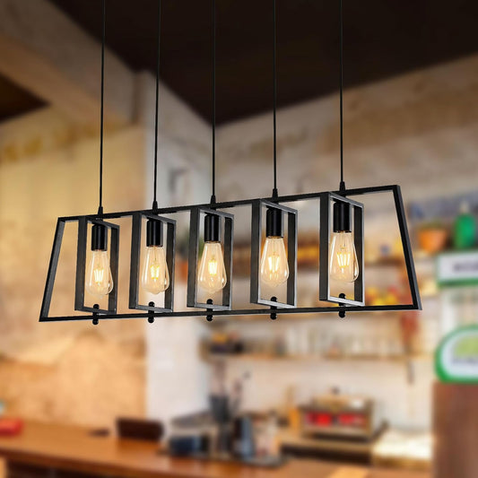 5-Light Farmhouse Kitchen Island Pendant – Rustic Wood & Metal Chandelier for Dining & Living Spaces