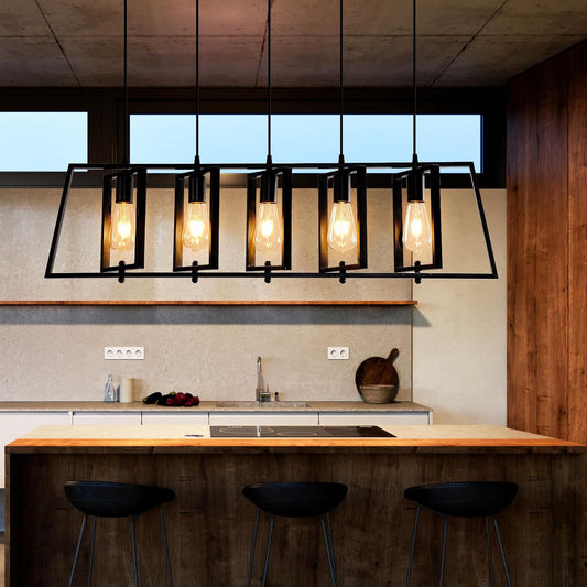 5-Light Farmhouse Kitchen Island Pendant – Rustic Wood & Metal Chandelier for Dining & Living Spaces