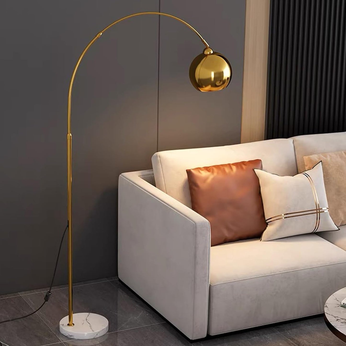 Inspired Home Landrie Brass Arc Floor Lamp – 75.5" Modern Gold Metal Floor Lamp with Marble Base