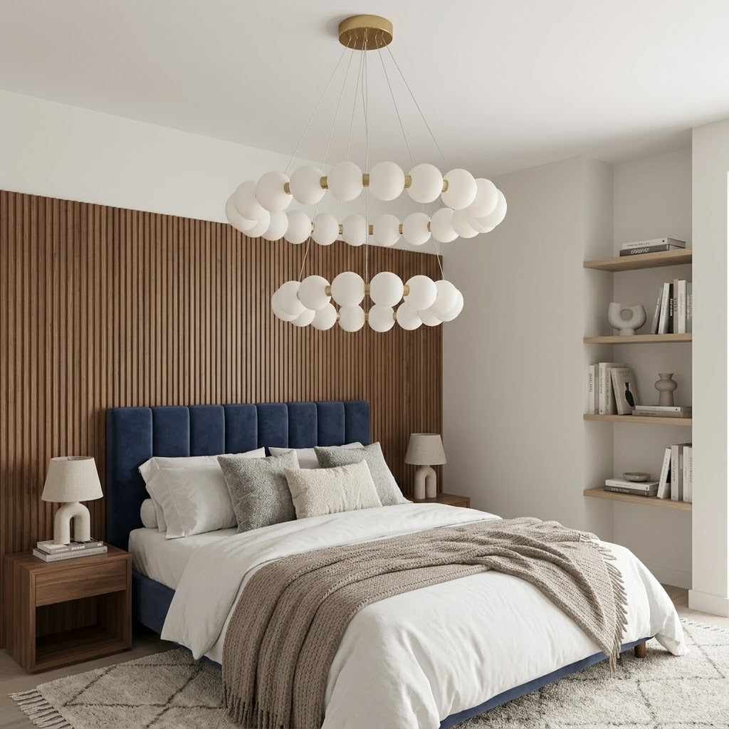 Modern Dual Ring LED Globe Chandelier – 80cm/60cm Height-Adjustable Pendant Lighting with Remot