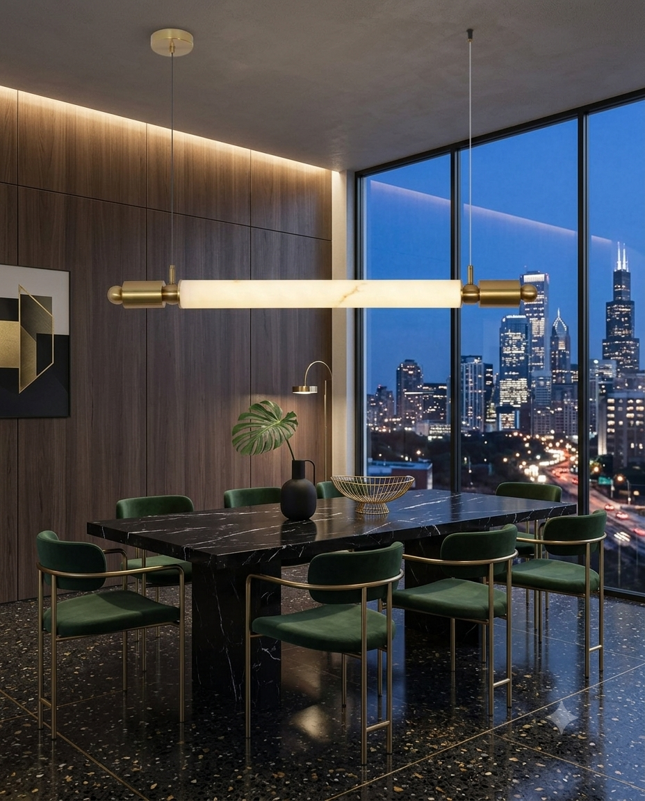 Luxury 110cm Linear Marble-Look Pendant Light | Gold & Black