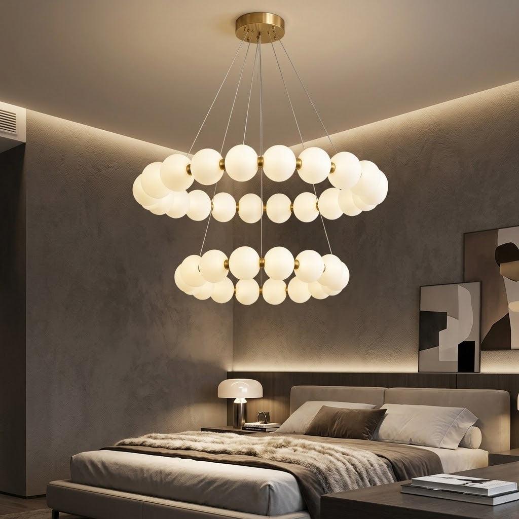 Modern Dual Ring LED Globe Chandelier – 80cm/60cm Height-Adjustable Pendant Lighting with Remot