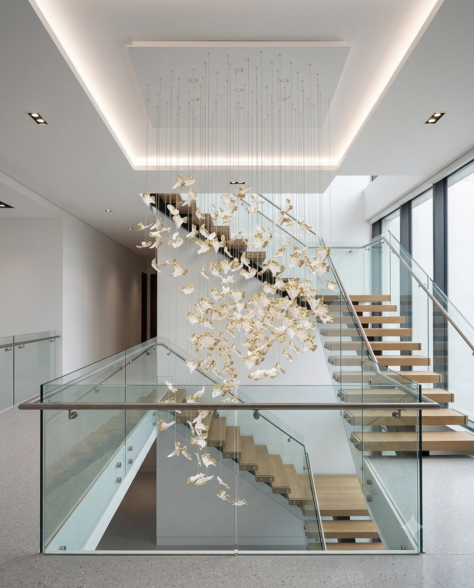 Modern Custom Glass Leaf Staircase Chandelier – 3M Luxury LED Hanging Light for Double-Height Ceilings (80cm Round Ceiling Plate)