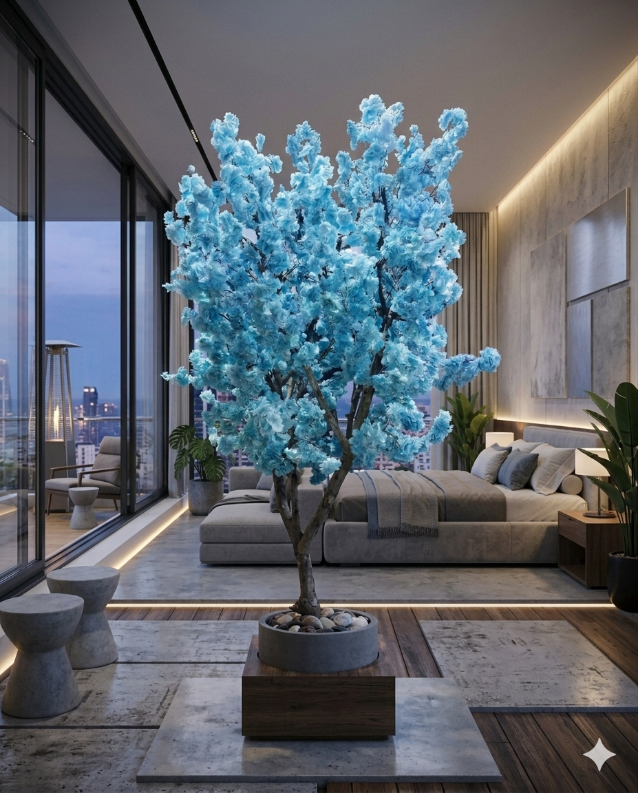 Captivating Blue Artificial Blossom Tree in Wood & Ceramic Pot