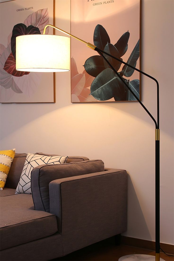 Modern Arc Floor Lamp – Black Iron Stand with Marble Base & Drum Fabric Shade