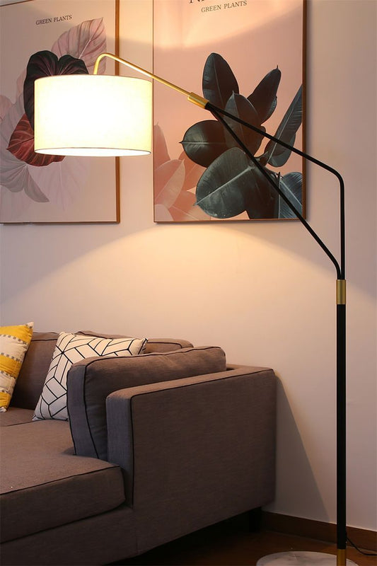 Modern Arc Floor Lamp – Black Iron Stand with Marble Base & Drum Fabric Shade