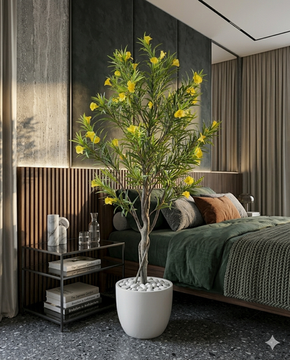 Artificial Cascabela Thevetia Tree (Yellow Oleander) in Luxe White Marble-Finish Pot