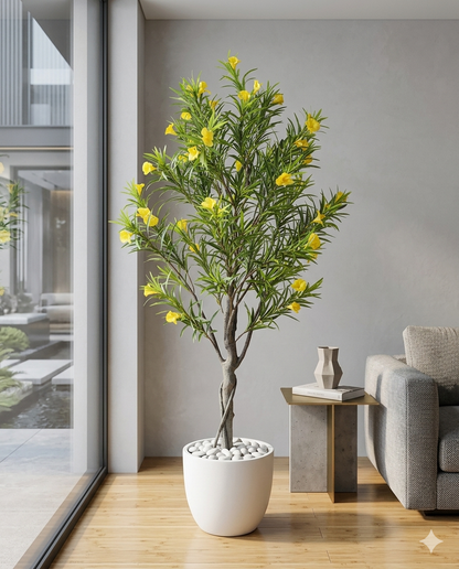 Artificial Cascabela Thevetia Tree (Yellow Oleander) in Luxe White Marble-Finish Pot