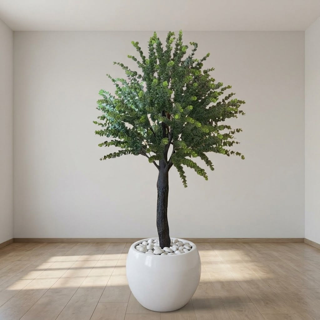 Realistic Artificial Plant in White Ceramic Pot with Pebbles – Modern Decor for Home & Office