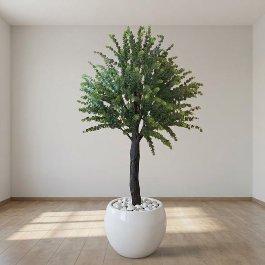 Realistic Artificial Plant in White Ceramic Pot with Pebbles – Modern Decor for Home & Office