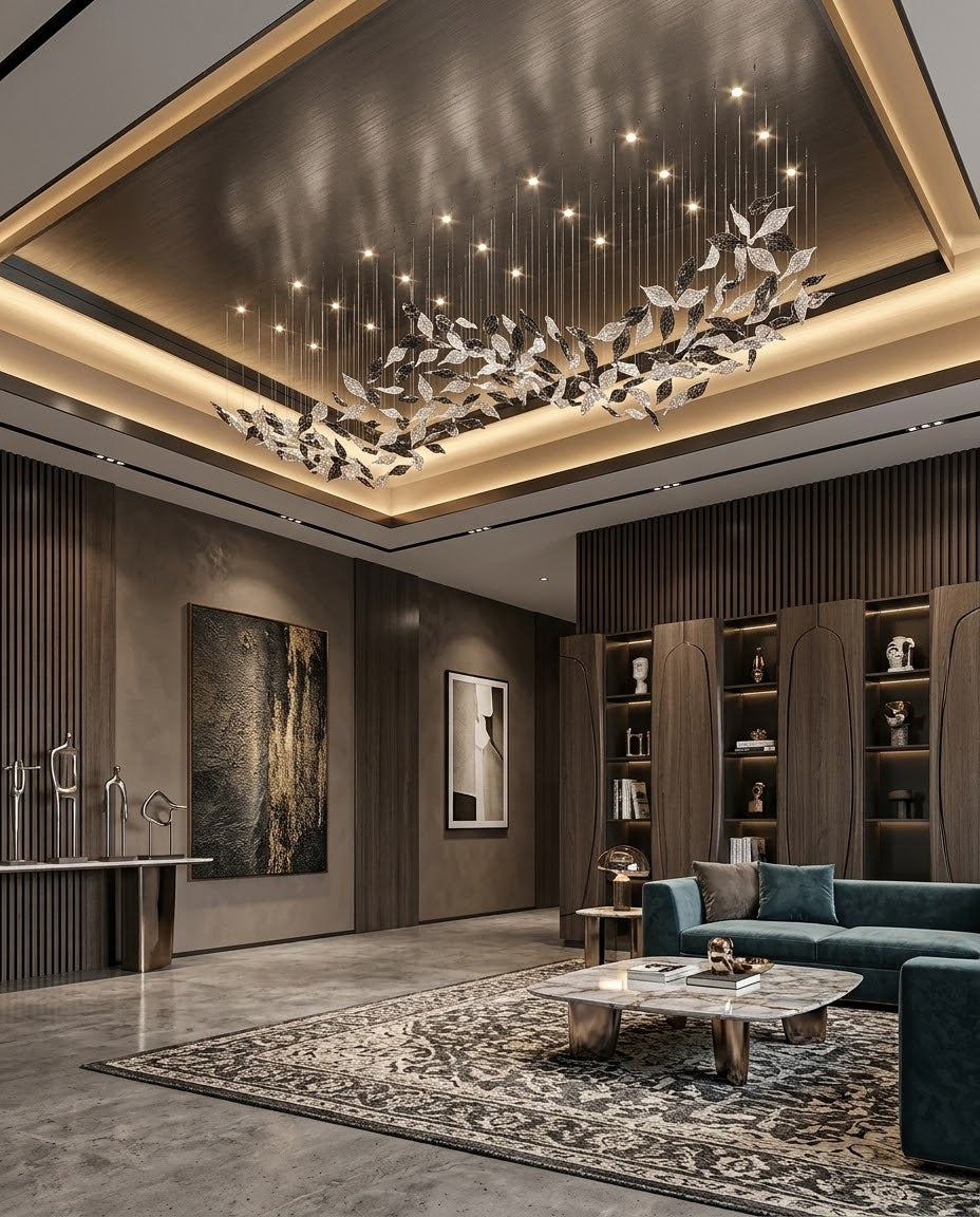 Luxury Custom Wavy Leaf Chandelier | Contemporary Frosted White & Charcoal Gray Glass Light