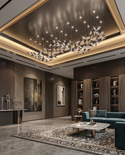 Luxury Custom Wavy Leaf Chandelier | Contemporary Frosted White & Charcoal Gray Glass Light