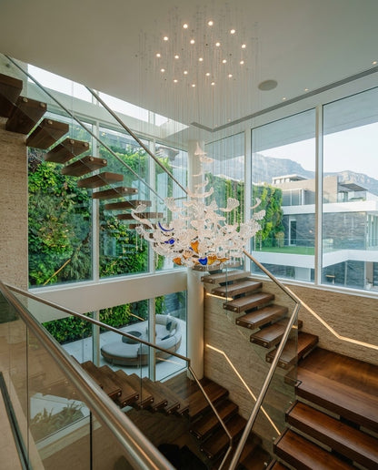 Custom Falling Leaf Glass Chandelier | Blue, Amber & Clear Drooping Leaves (120cm)