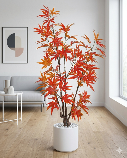 Artificial Orange Maple Tree with White Marble Pot – Modern Decorative Indoor Plant