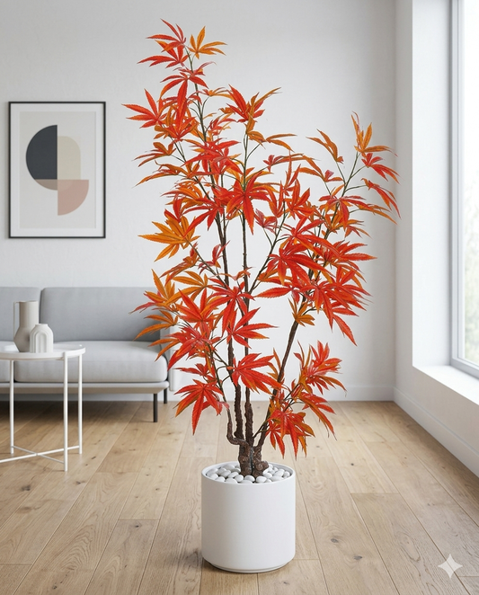 Artificial Orange Maple Tree with White Marble Pot – Modern Decorative Indoor Plant