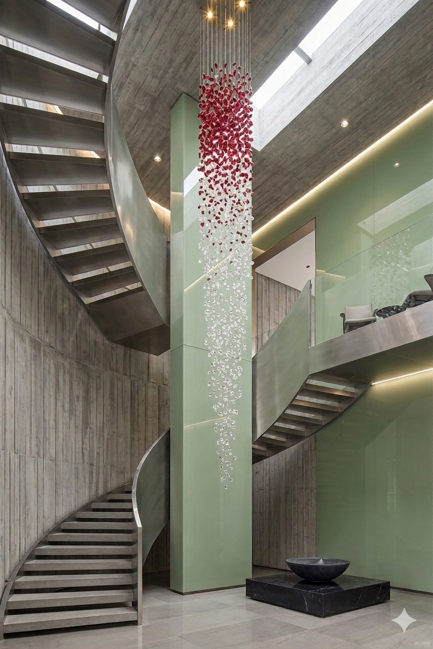 The Crimson Cascade – 5M Double-Height Ruby & Clear Crystal Statement Chandelier (80cm Width)