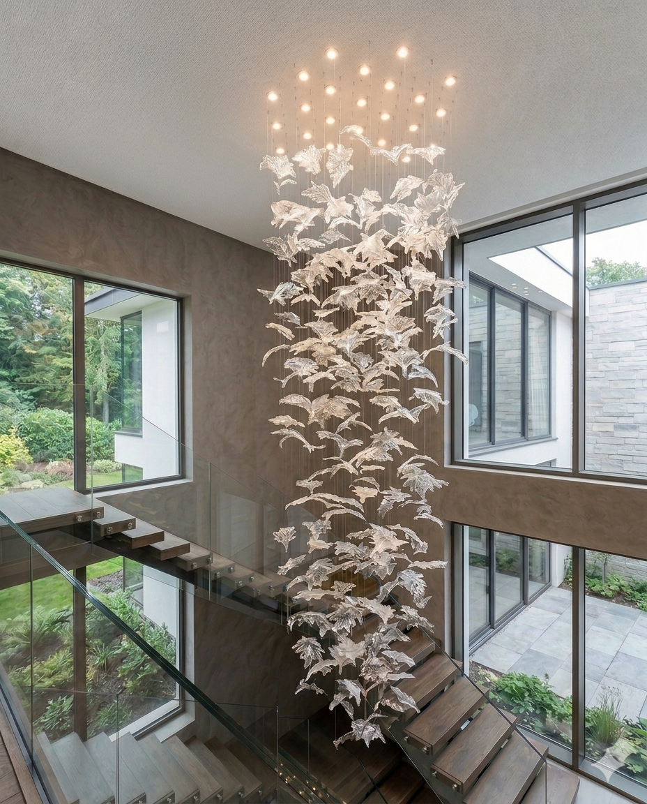 3m High Ceiling Chandelier for Stairwell Custom Glass Leaf Chandelier