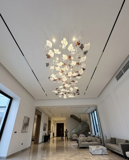 2m Modern Leaf Chandelier – Gold, White, Gray Glass Pendant